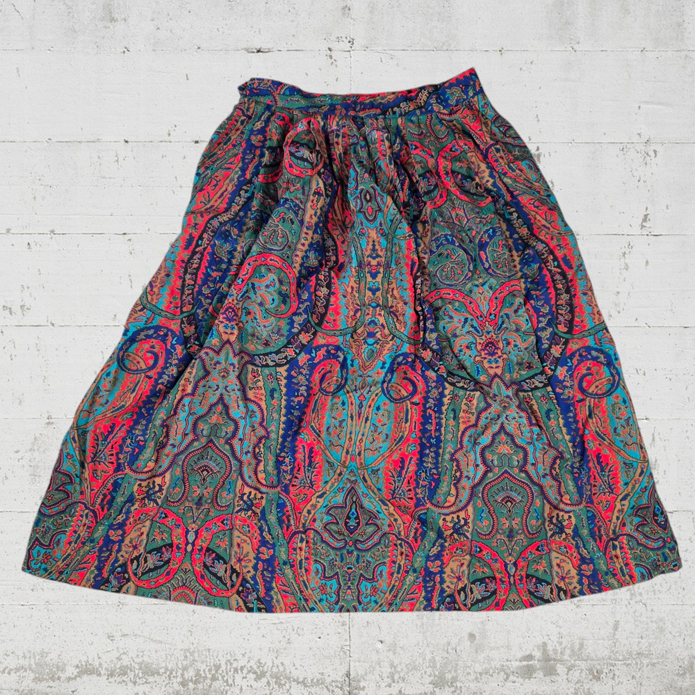 1970s Vintage Paisley Tapestry Red Blue Pleated Midi Skirt Made in USA Size 8 - Picture 11 of 11